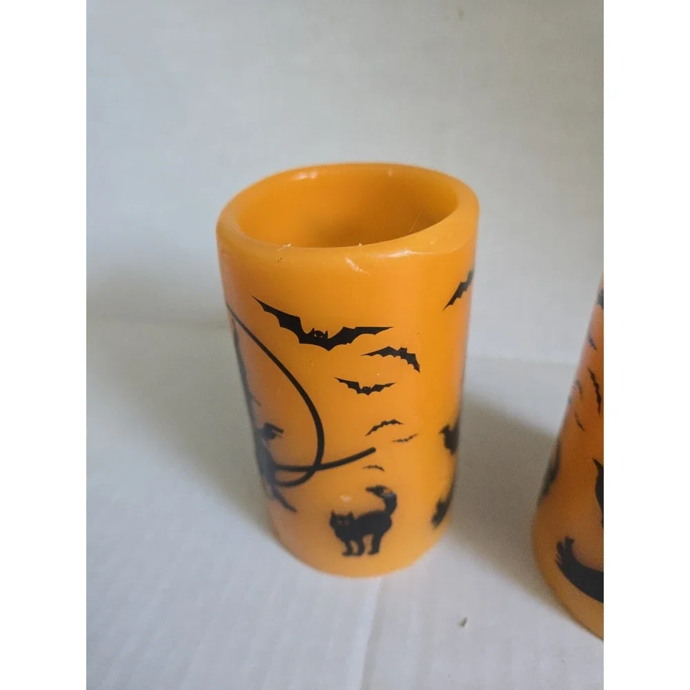 2 Halloween Flameless LED Pillar Candles Orange Black Witch Cat Bats Wax Battey